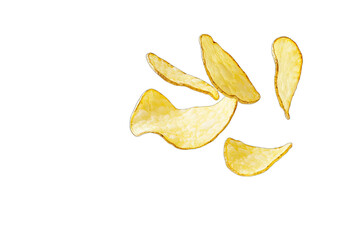 Fototapeta premium golden potato chips is suspended in mid-air against a clean white background emphasizing their crisp texture and inviting appearance