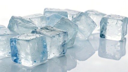 Obraz premium Pile of Clear Ice Cubes on Reflective White Surface