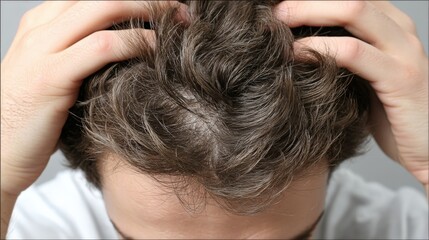 Fototapeta premium Macro shot revealing patchy hair loss with dark brown hairs and bald area on scalp