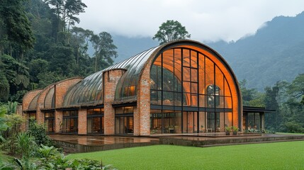 Obraz premium Modern, rustic architectural structure nestled within a lush rainforest landscape.