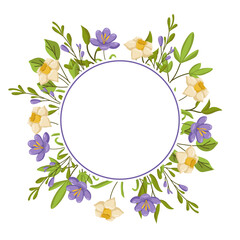 Vector frame with delicate flower buds and leaves. Spring botanical illustration for cards, invitations and wedding designs with space for text.