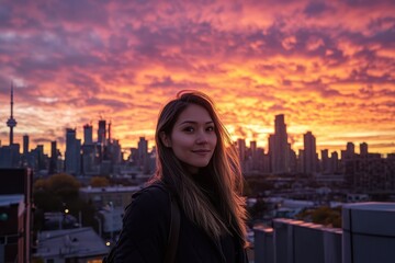 Stunning sunrise over Toronto skyline with silhouette of a young woman in the foreground, Ultrawide view of sunrise over Toronto skyline