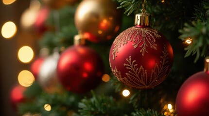 Close-up of shiny glass Christmas baubles in red, gold, and silver hanging on a decorated Christmas tree