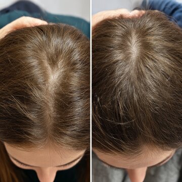 Collage showing woman's hair before and after lice treatment on light background, closeup. Suffering from pediculosis