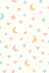 Cute pastel star, moon, and heart seamless pattern. Sweet baby shower design.