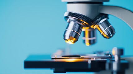 Close-up of a microscope with bright lenses and illuminated stage
