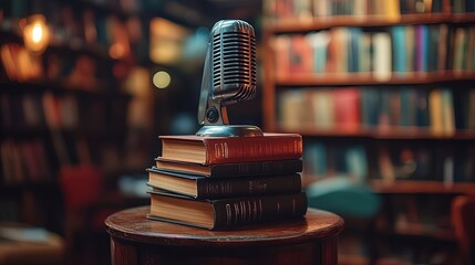 A podium with a microphone and stack of books, ready for an author to give a talk at a literary event