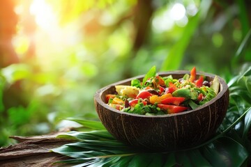 Vibrant salad bowl nestled amidst lush tropical foliage.