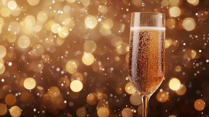Sparkling champagne in fluted glass against golden bokeh background
