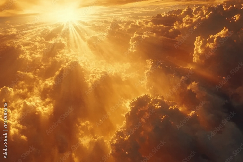 Poster timelapse of sun rays breaking through vibrant clouds at sunset over a serene landscape, timelapse f