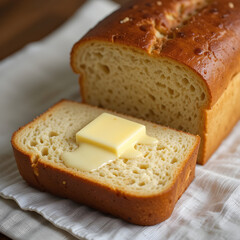 
A warm loaf of bread with butter melting on top, set on a linen napkin.
