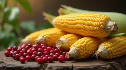 Photorealistic still life, fresh corn cobs with husks partially peeled back next to a pile of red cranberries on rustic wooden surface