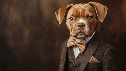 A dog dressed in a neat suit, posing for a photo.