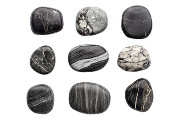 smooth black and gray stones arranged in a grid pattern showcasing various textures and shapes these stones can be used for decoration meditation or as natural art pieces