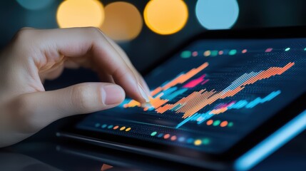 Fototapeta premium Close-up of hand interacting with digital financial data on tablet
