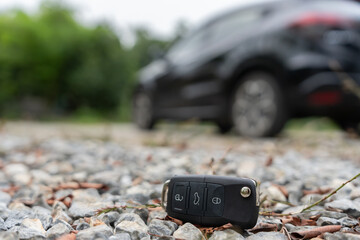 Lost car keys on the ground, Car keys dropped on the floor or fall lying on the street home front. Walking Away From Lost Car Key, can not transport, express, rush time, wast time, emergency