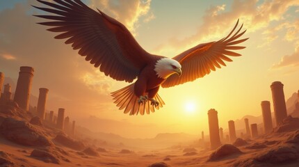 Surreal digital painting, powerful eagle with wide wings flying over desert ruins at golden hour, scattered sand and broken columns below