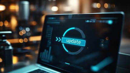 Close-up of laptop screen showing glowing blue update progress bar with percentage indicator, software installation or system upgrade process, digital technology and computer maintenance concept.