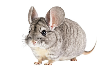 Obraz premium a cute fluffy chinchilla with large ears and a soft gray coat sitting against a white background. charm and unique features of chinchillas often kept as pets