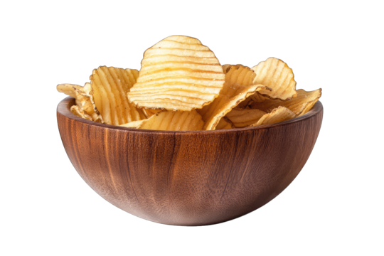 a wooden bowl filled with golden ridged potato chips showcasing a crunchy snack perfect for sharing or enjoying during leisure time