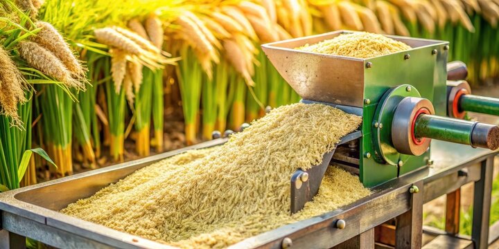 Close-up shot of a small rice milling machine processing rice seeds with various parts exposed