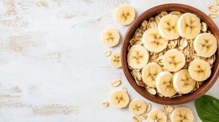 Fresh banana slices on oatmeal in rustic wooden bowl