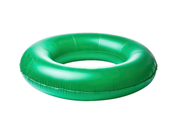 a bright green inflatable inner tube commonly used for swimming or floating in pools and water bodies sits on a white background emphasizing its smooth texture and circular shape