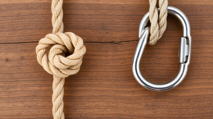 A rope tied with a square knot and a rope connected with a carabiner