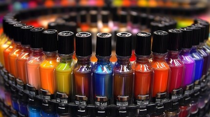 Colorful Bottles of Pigment Ink in a Circular Display

