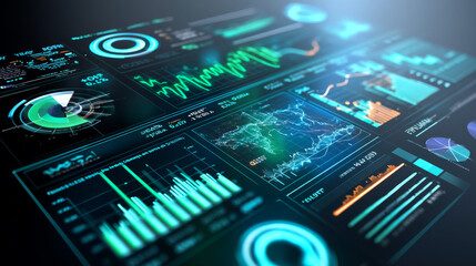 Futuristic Data Analytics Display Screen Showing Global Market Trends Financial Statistics and Business Intelligence