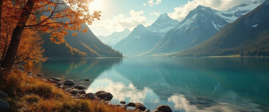 Serene alpine lake surrounded by forests and majestic snow-capped mountains reflecting in turquoise water - Powered by Adobe