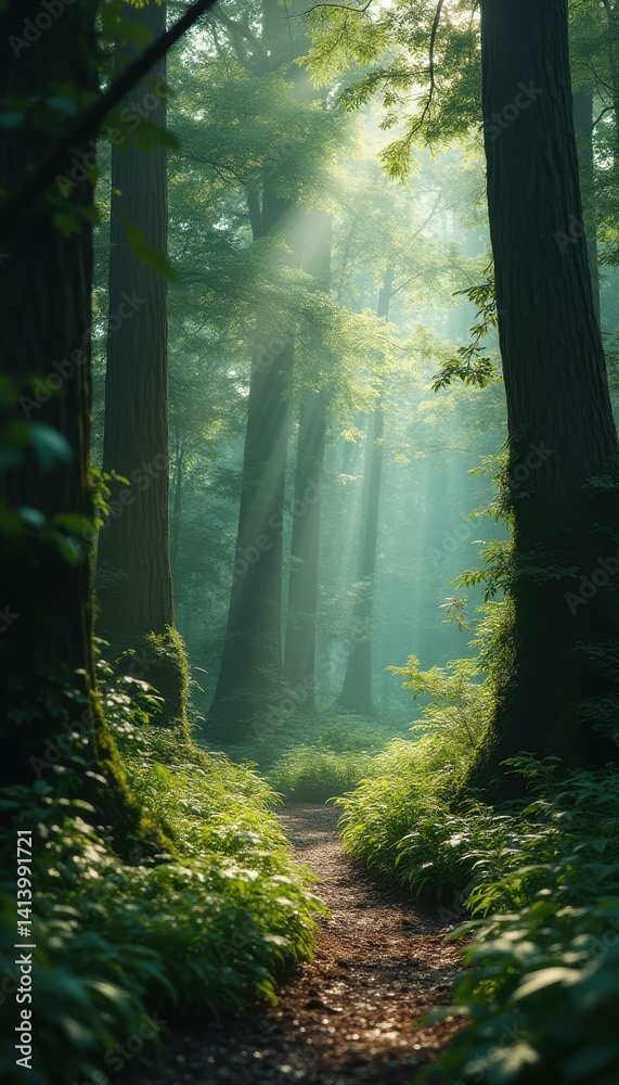 Aufkleber Sunlit Forest Path: A Serene Walk Through Ancient Trees with Sunlight Streaming Through the Canopy