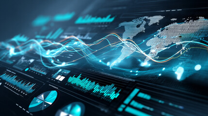 Global Network Data Analytics Futuristic World Map with Dynamic Data Visualization and Charts