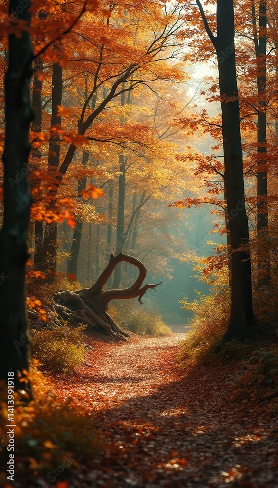 Aufkleber Autumn Forest Path with Sunlight and Fallen Leaves, Featuring a Twisted Tree Trunk