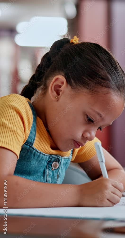 Poster child, student and writing with book in library for school project, assignment or assessment. girl, 