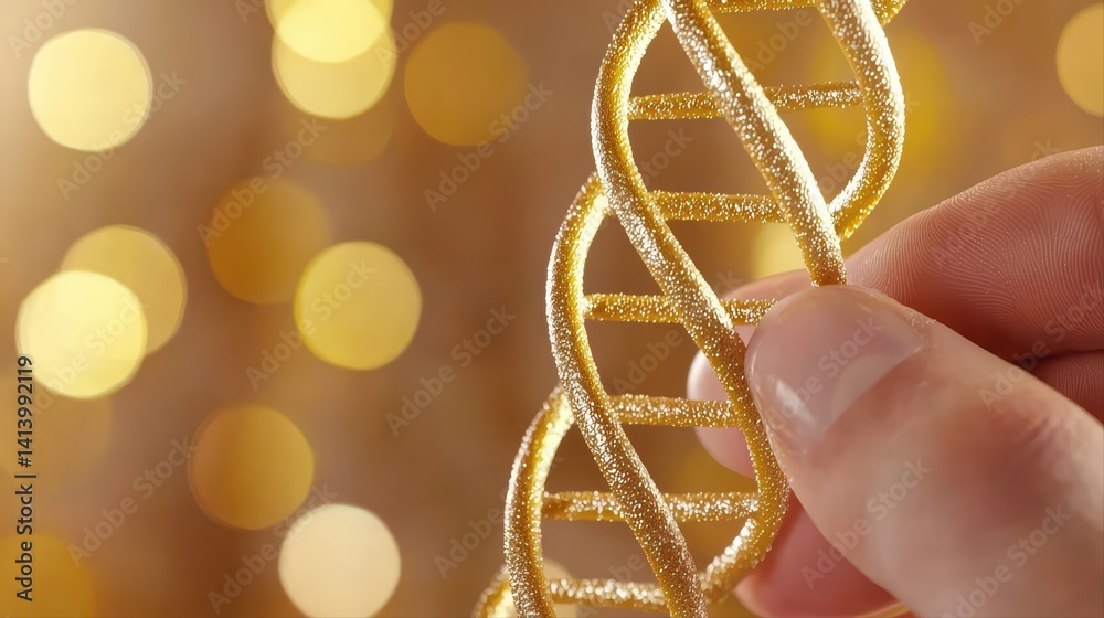 Poster golden dna helix structure with bokeh background in scientific context