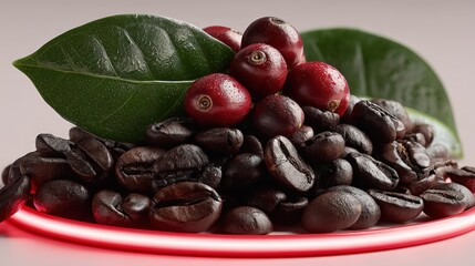 Obraz premium Cluster of coffee cherries and roasted beans in a neon circle on white background