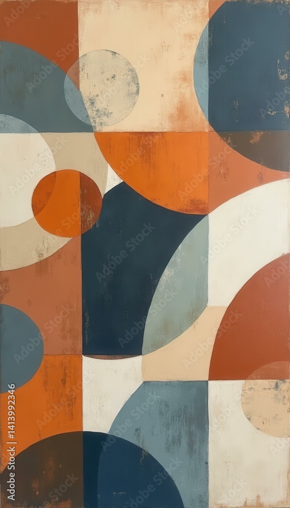 Aufkleber geometric abstract painting with circles and squares in warm tones