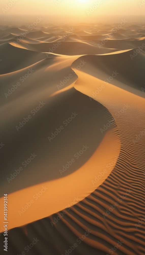 Poster Ethereal desert landscape with golden dunes illuminated by the setting sun, creating undulating patterns and shadows, and evoking
