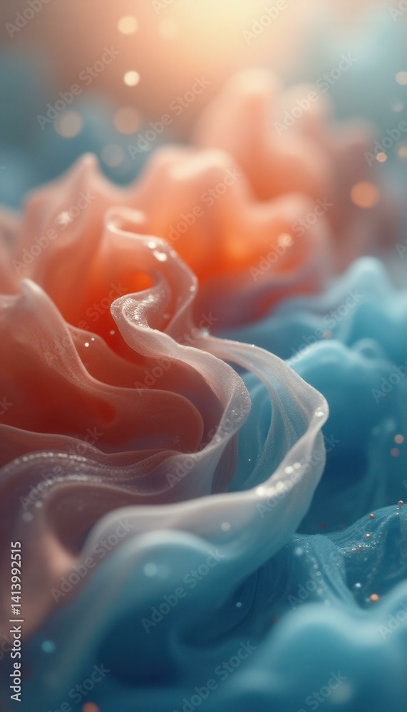 Poster dreamy waves of coral and aqua fabric: a soft, ethereal textile texture with bokeh light effects