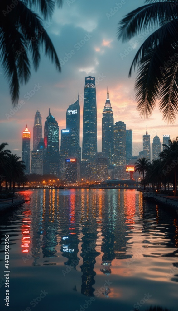 Poster night cityscape with reflections, featuring illuminated buildings and palm trees with colorful sky
