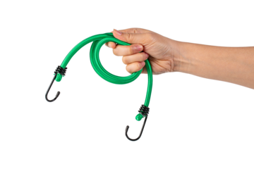 Rubber strap with steel hooks and hand on transparent background.