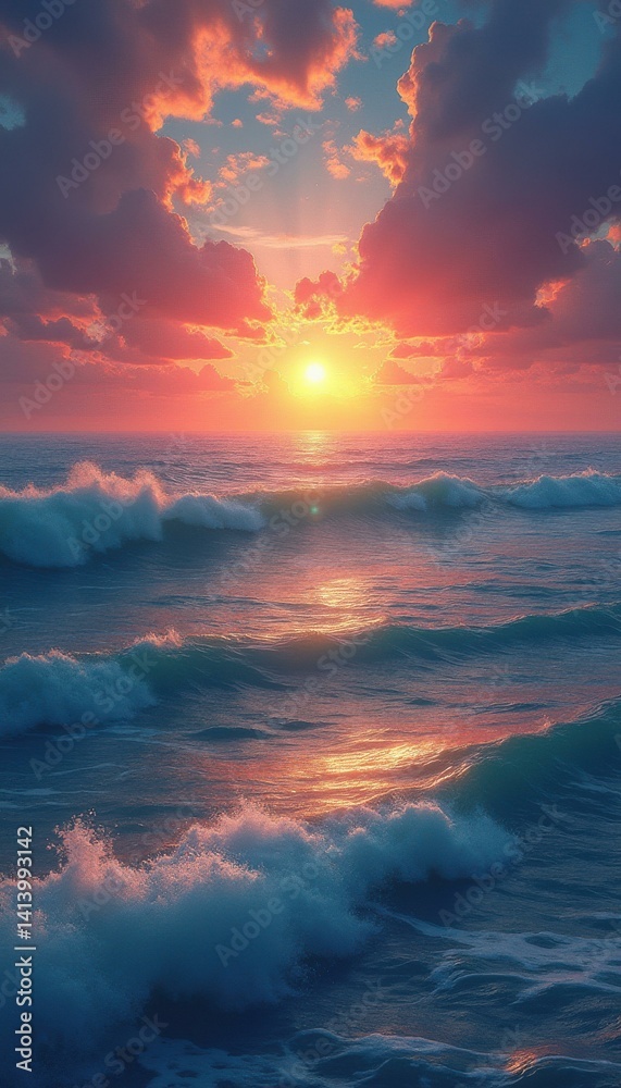 Poster mesmerizing ocean sunset with rolling waves and vibrant clouds, reflecting the warm light on the wat