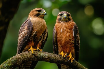 Red footed hawks perched on a branch in lush greenery showcasing their vibrant plumage and attentive demeanor, Red footed hawk Falco vespertinus in natural environment Bird on a stick against the sky
