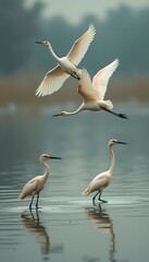 Obraz premium Graceful Egrets in Flight and Wading in Calm Waters, Displaying Elegant Plumage and Serene Wildlife