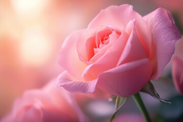 Charming pink roses in close-up showcasing exquisite textures and vibrant colors against a softly blurred background for a romantic and serene ambiance
