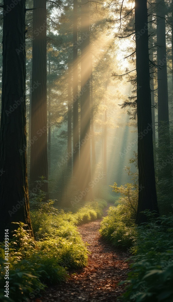 Aufkleber golden sunlight illuminating a forest path, creating a mystical and ethereal atmosphere