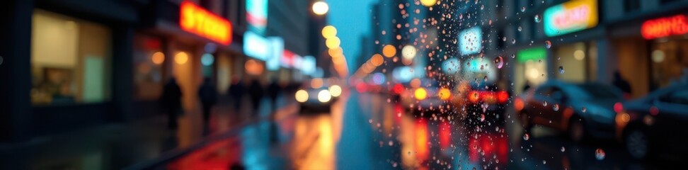 Fototapeta premium Blurry urban scene, vibrant bokeh, rainy window , window reflection, rainy city, colorful