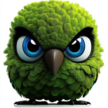 Cartoon kakapo with striking blue eyes and green feathers on a white background in a cartoon style.