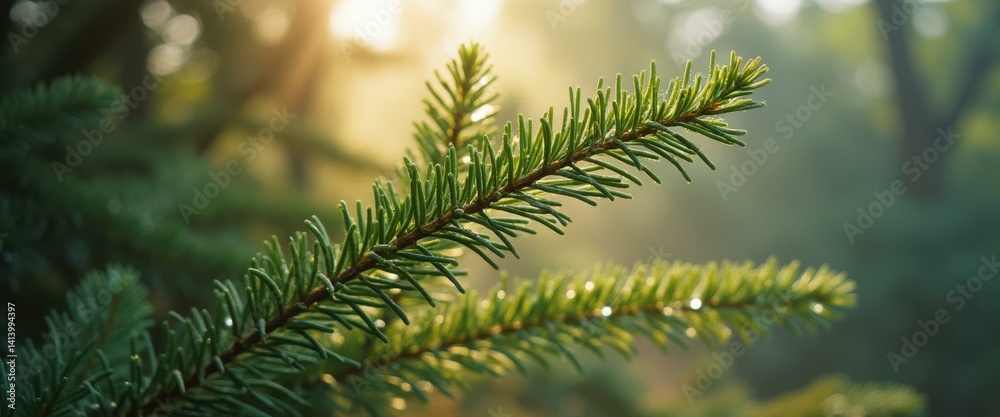 Poster close-up of a vibrant evergreen tree branch glistening with dew in the soft light of dawn